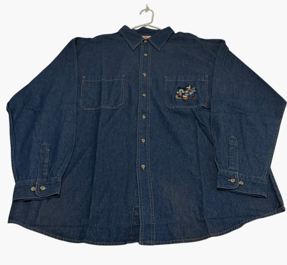 Vintage Disney Denim Shirt XL Blue Mickey Mouse Goofy Donald Duck Embroidered